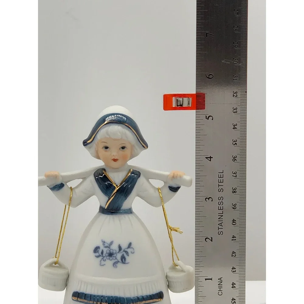 Vintage Dutch Girl Porcelain Bell Figurine Blue White Gold Gilt Water Carrier